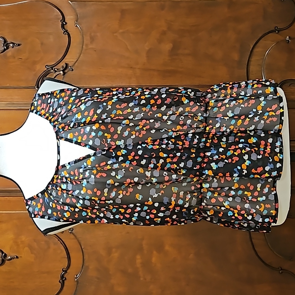 Tank Top Sheer Colorful Abstract Dots Confetti Pleated Cut Out V Neck Hinge Sz S